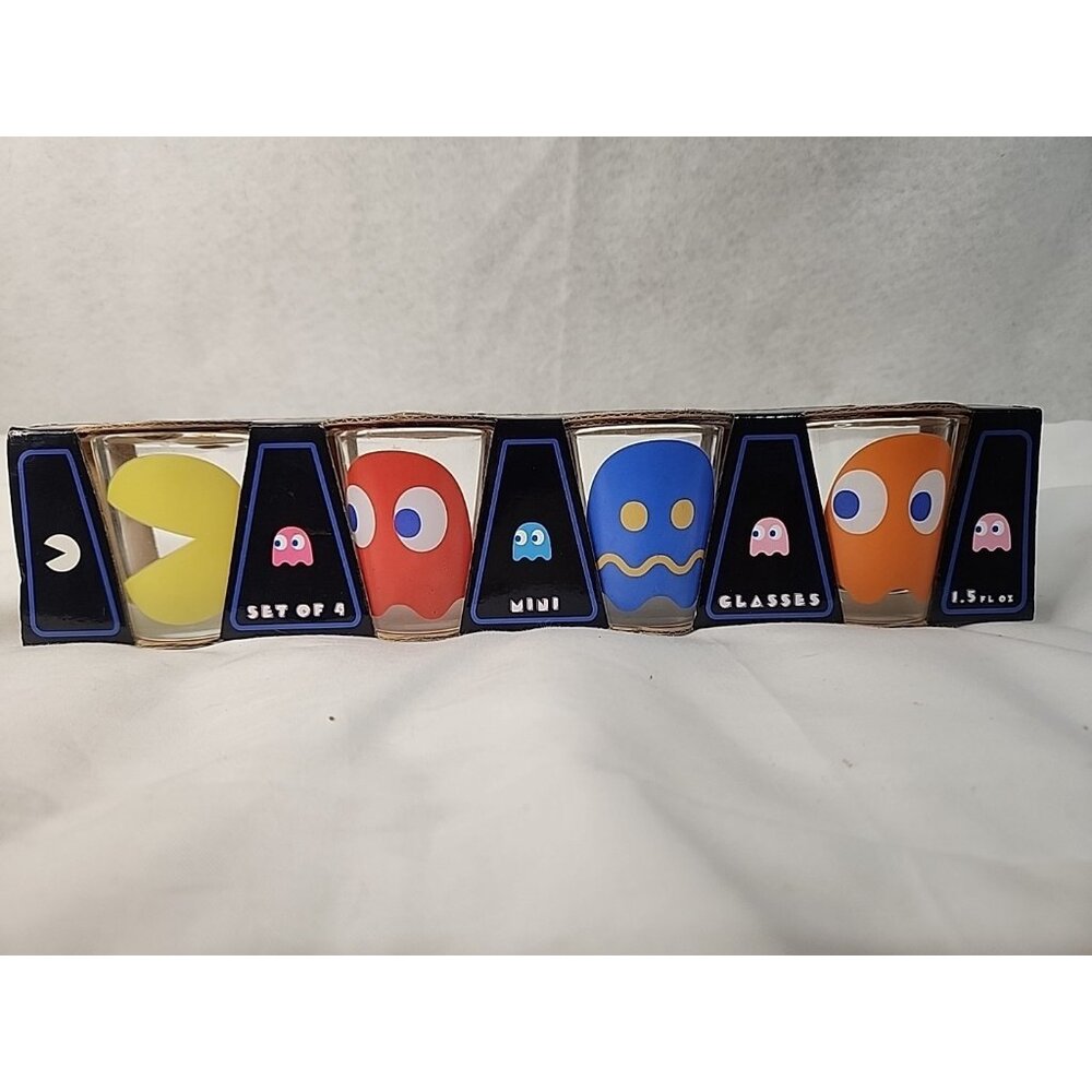 Pac Man 4 Shot Glasses In Box Pacman& Namco Bandi Games Inc Vtg 2.5 In Tall